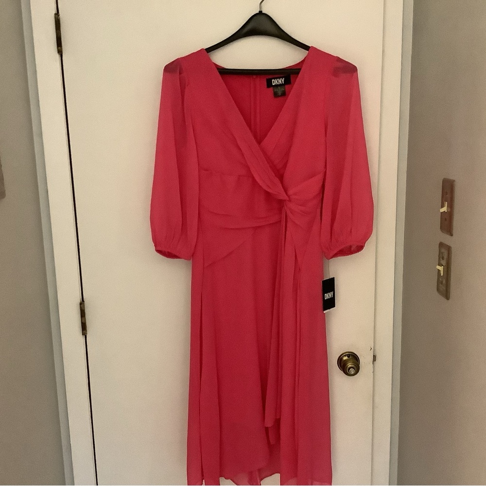 DKNY Pink Sundress with V-Neck and Bishop Sleeves